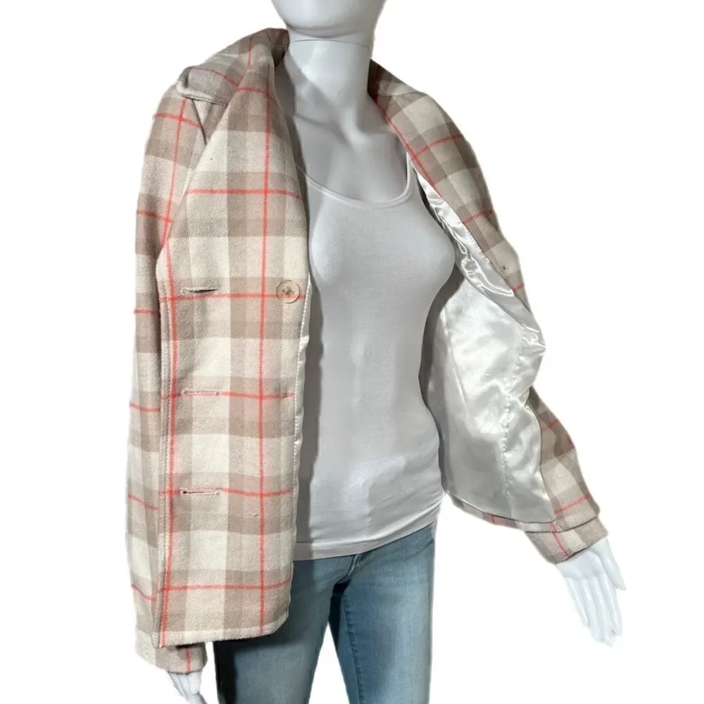Pink & Beige Plaid Double Breasted Silk Lined Wool Peacoat NWOT
